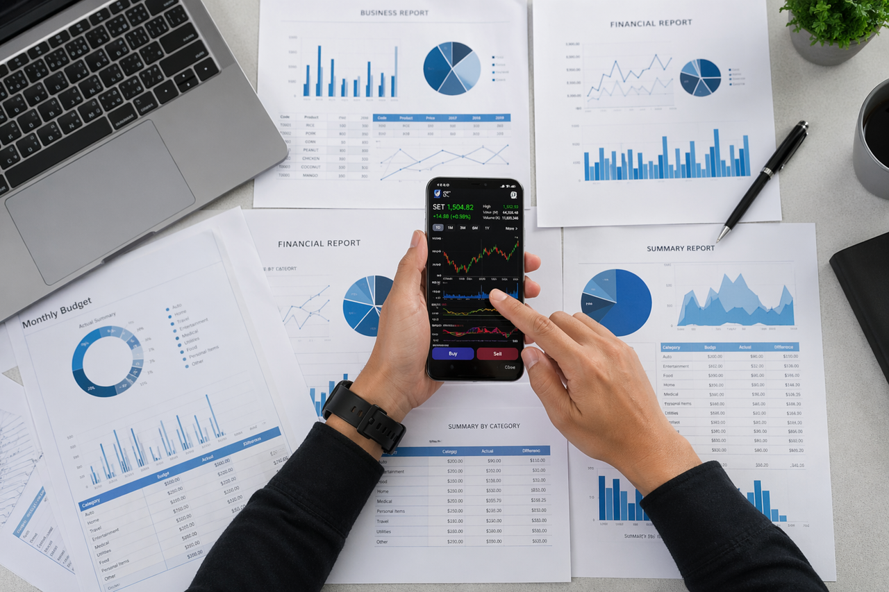 services-03 Business person reviews financial data and graphs on a mobile device surrounded by reports.
